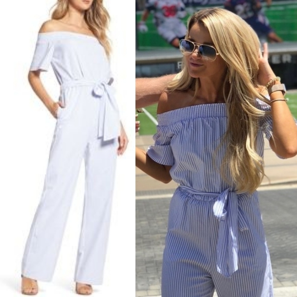 Charles Henry Blue White Stripe Shirred Off-Shoulder Tie-Waist Wide Leg Jumpsuit